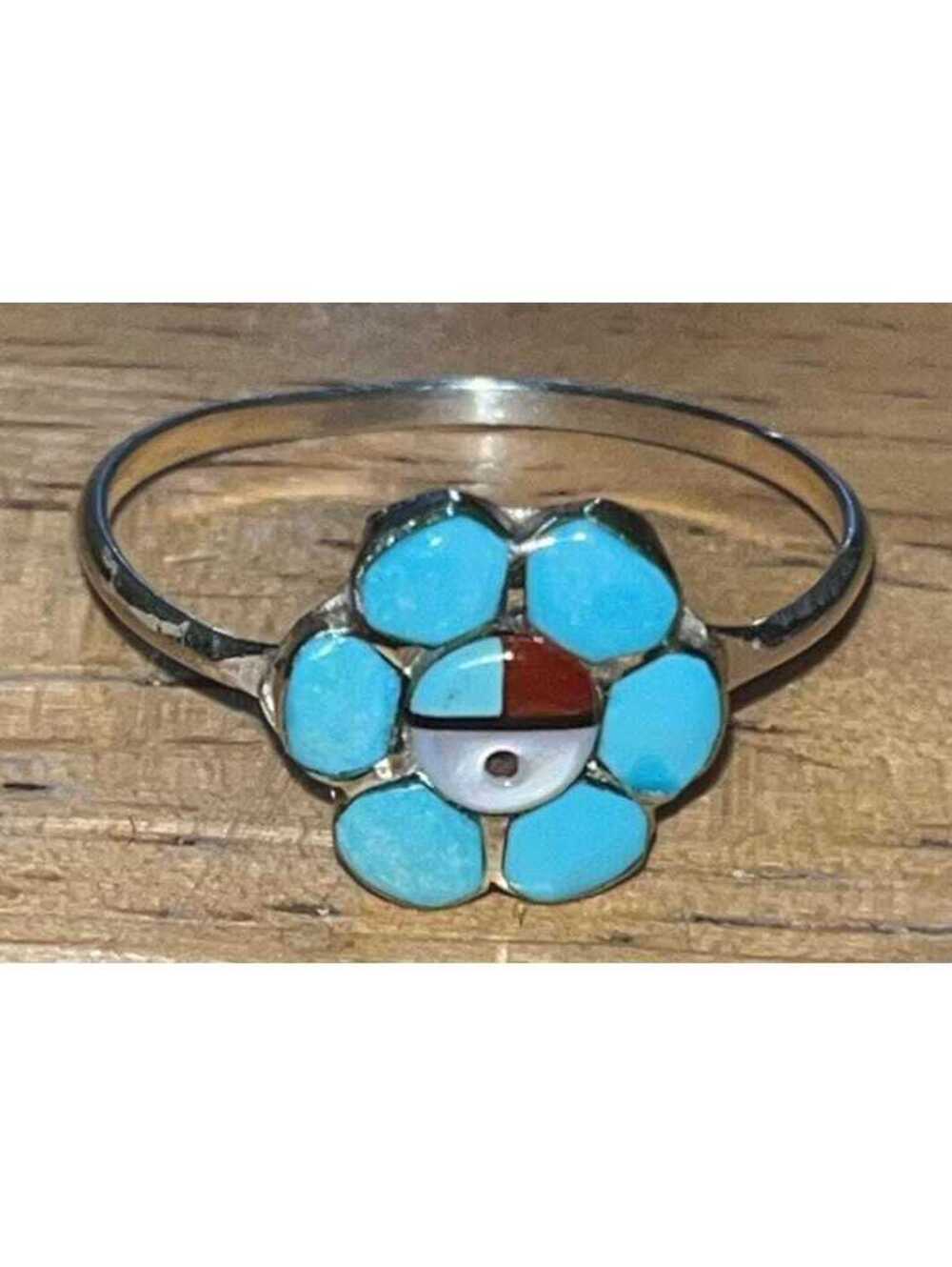 Zuni sterling silver inlay sunface turquoise, coral traditional ring size 11